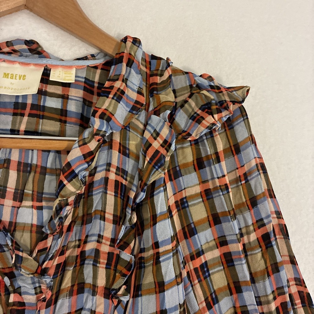 Maeve Anthropologie Laila Blouse Womens Size 2 Plaid Ruffle‎ Sheer Prairie Wrap - Picture 3 of 12